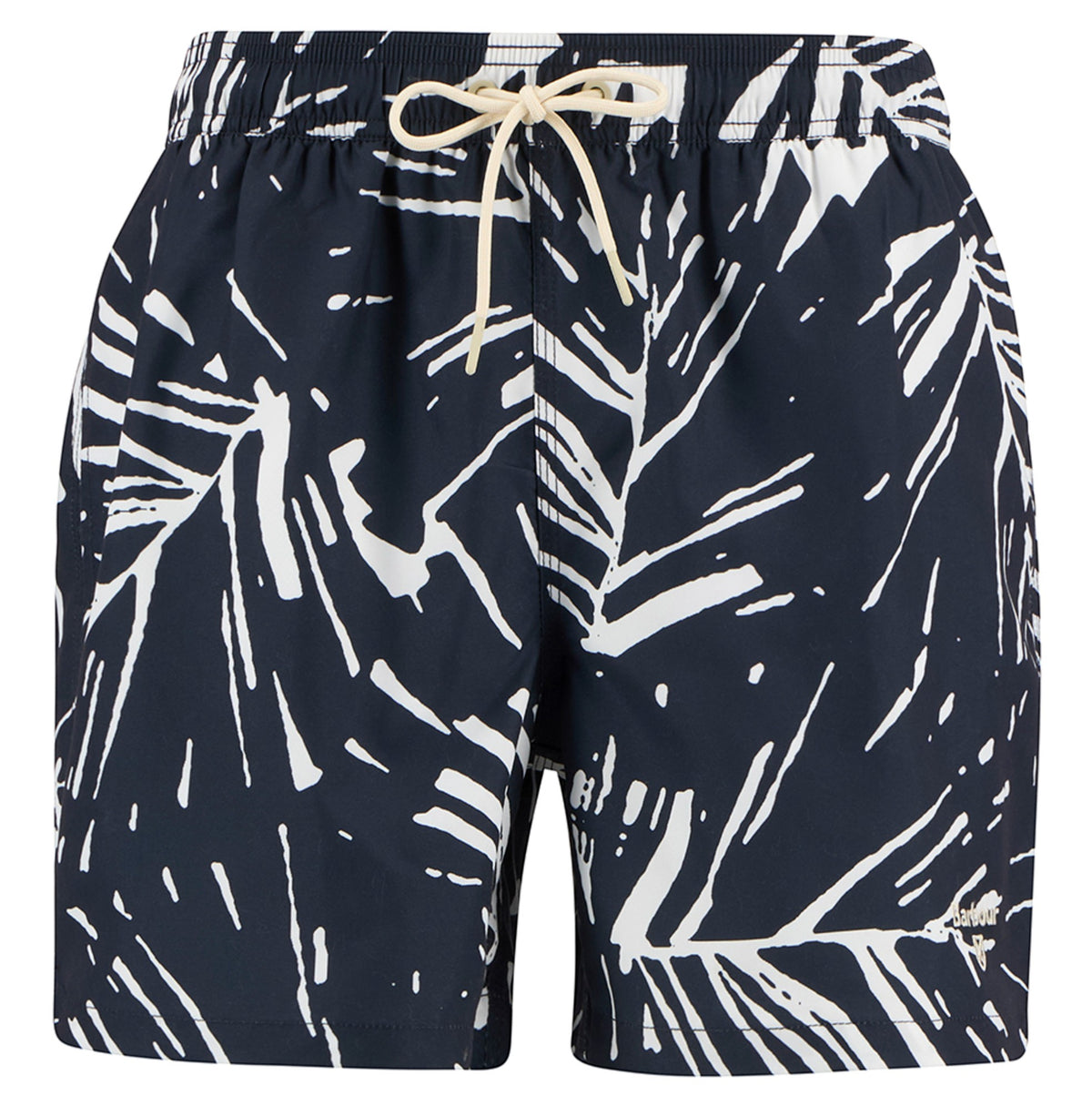 Button Down SF navy polyester swim shorts with an oversized white leaf print and a cream drawcord waistband.