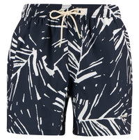 Button Down SF navy polyester swim shorts with an oversized white leaf print and a cream drawcord waistband.