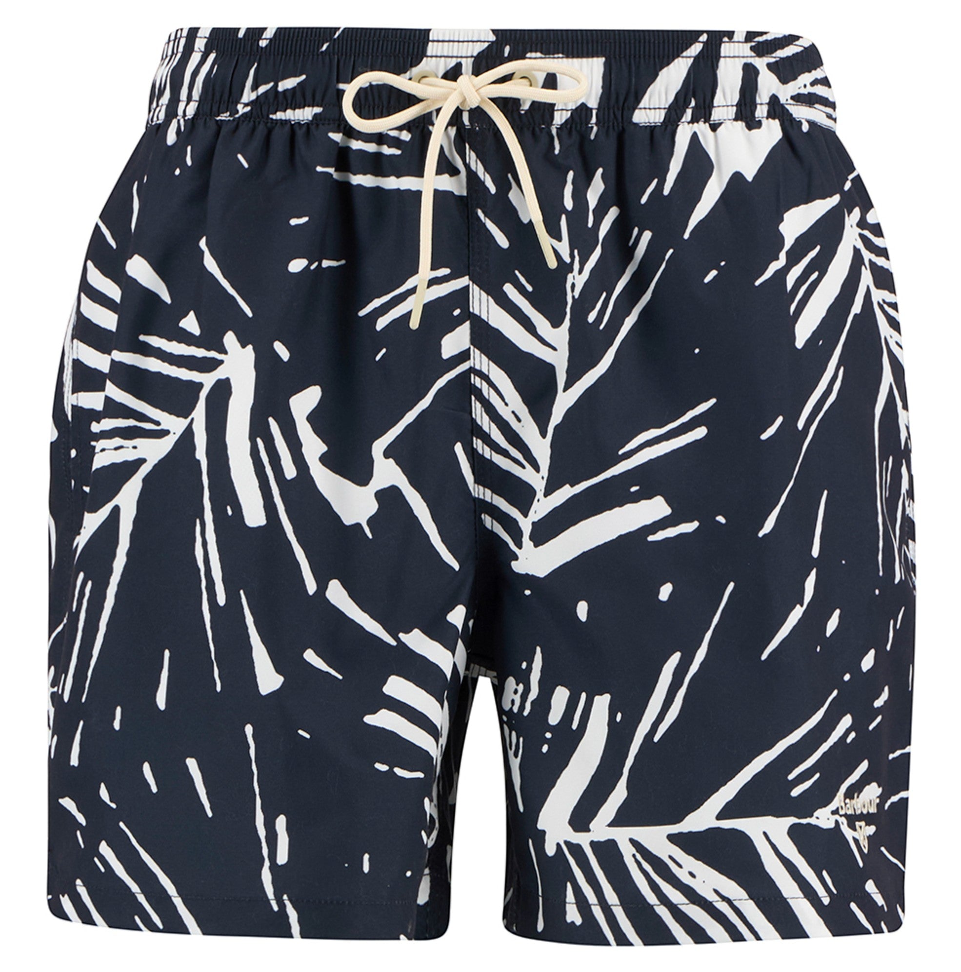 Button Down SF navy polyester swim shorts with an oversized white leaf print and a cream drawcord waistband.
