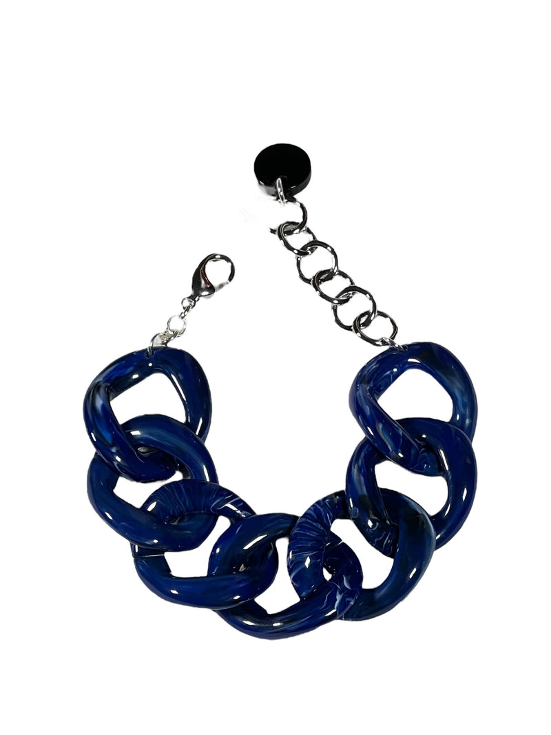 Button Down SF marbled navy blue resin chunky chain bracelet with silver clasp. Made in Paris.