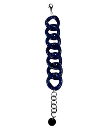 Button Down SF navy blue marbled resin chunky chain bracelet with silver clasp and charm. Made in Paris.