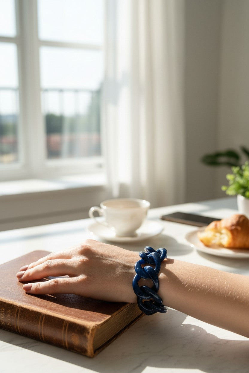 Button Down SF navy resin and cellulose acetate link bracelet with silver-plated brass chain. Made in Paris.