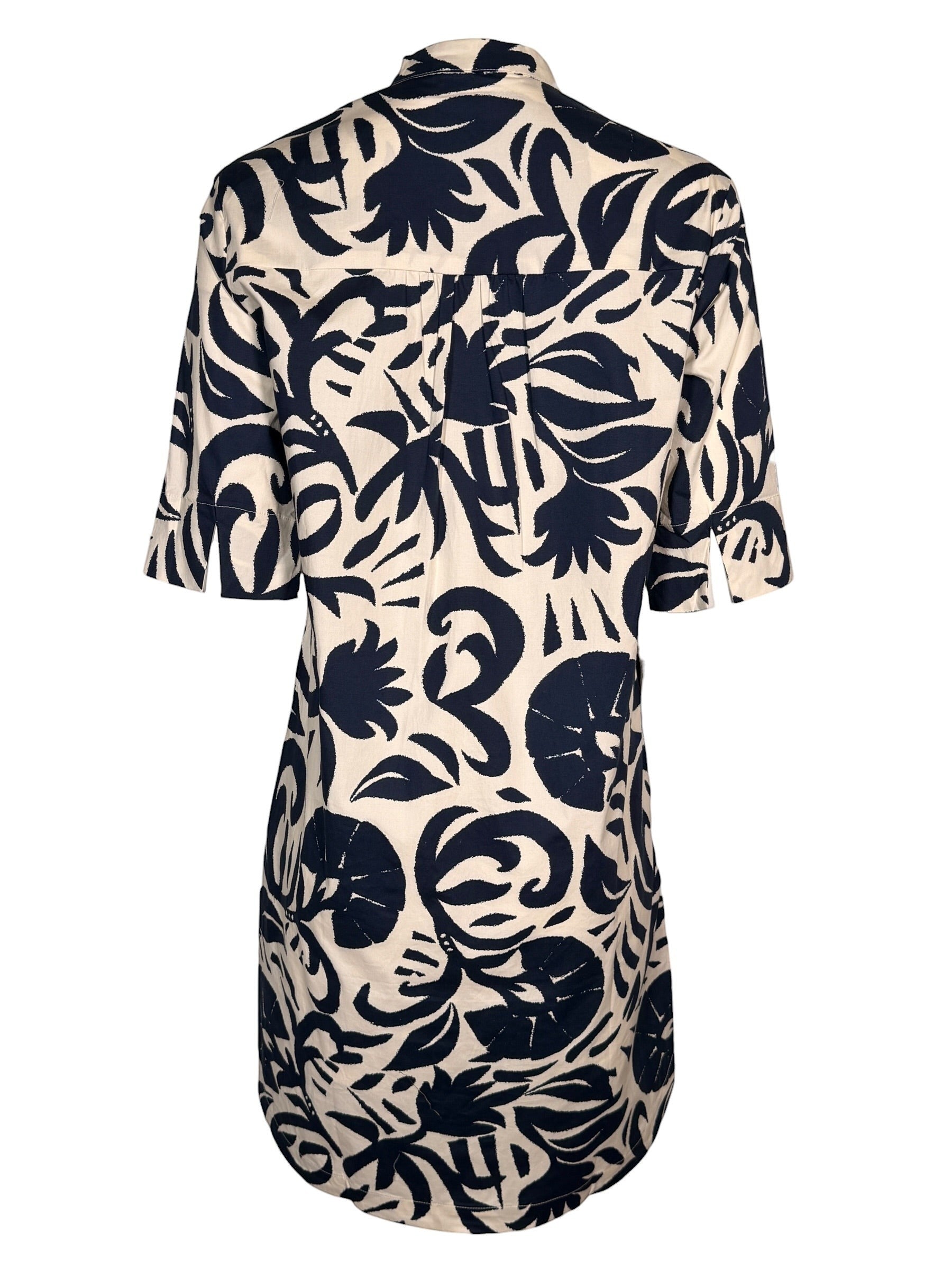 Button Down SF navy and white abstract floral print 100% cotton dress with stand collar and elbow-length sleeves.