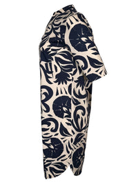Button Down SF navy and white abstract floral print 100% cotton midi dress with stand collar and V-neckline.