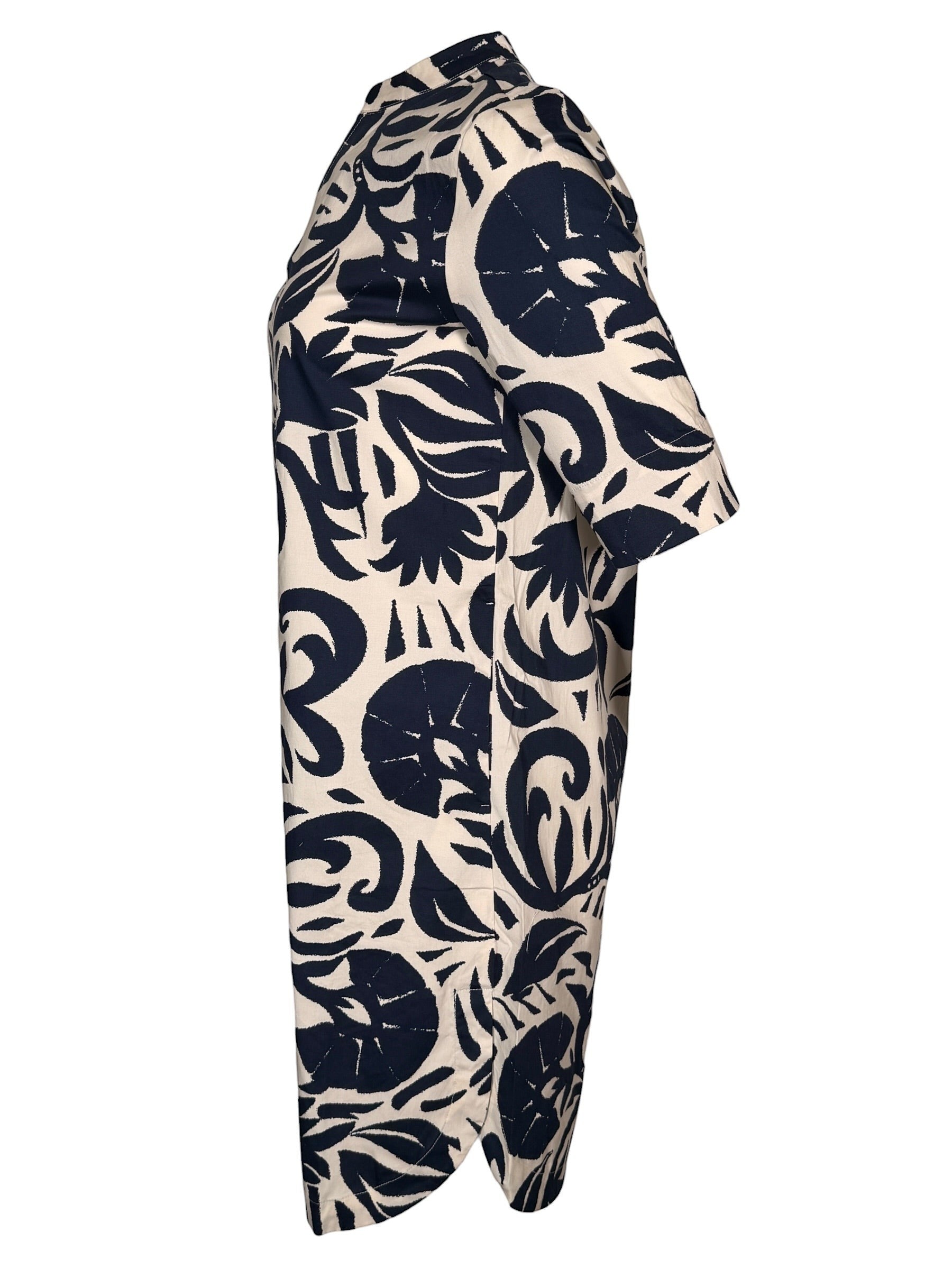 Button Down SF navy and white abstract floral print 100% cotton midi dress with stand collar and V-neckline.