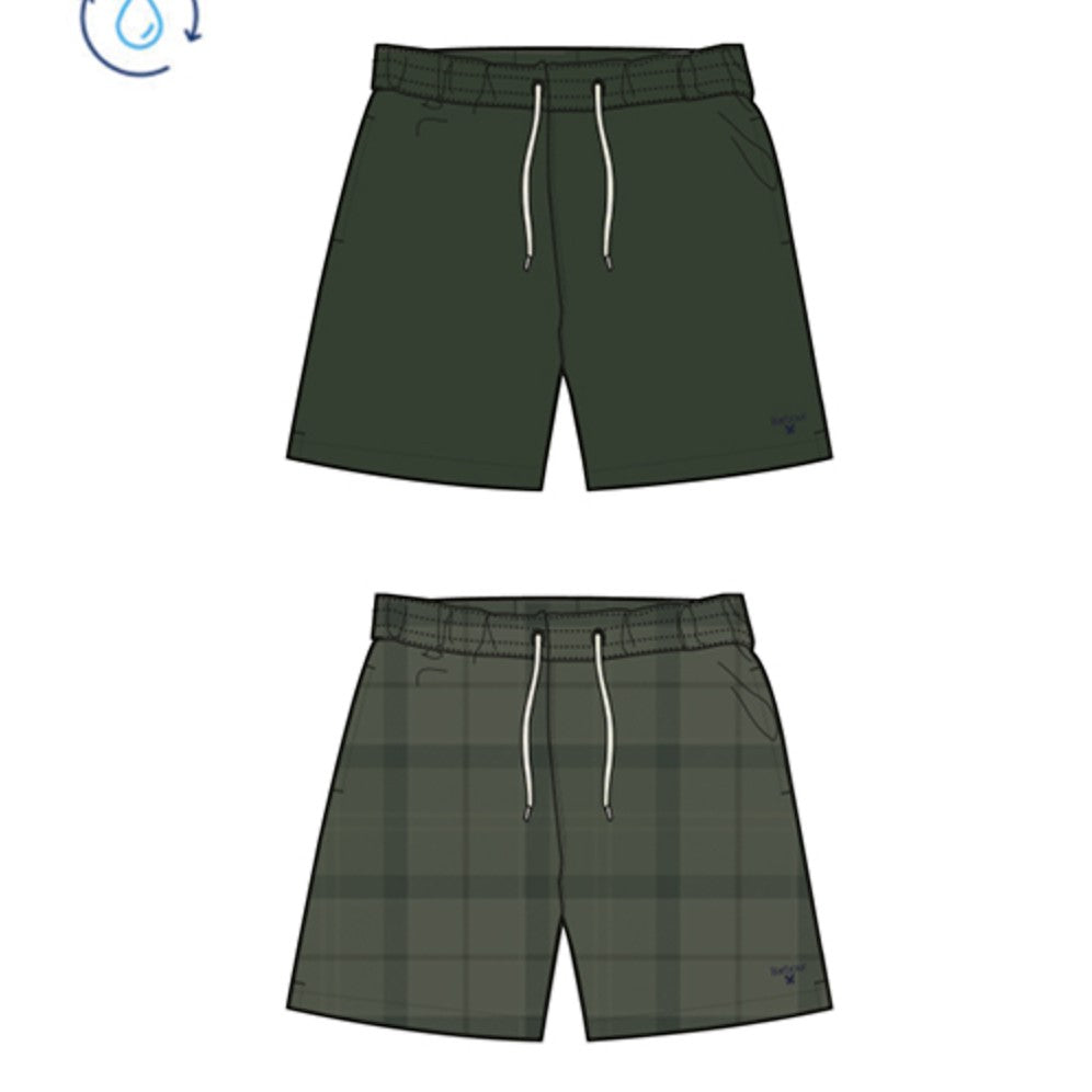 Button Down SF olive green polyester water reactive swim shorts with drawcord waistband and tartan print revealed when wet.