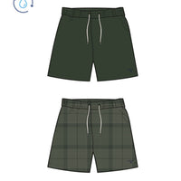 Button Down SF olive green polyester water reactive swim shorts with drawcord waistband and tartan print revealed when wet.