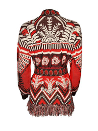 Button Down SF orange and brown geometric floral fringe wrap sweater. Cotton blend with belt and fringe hem.
