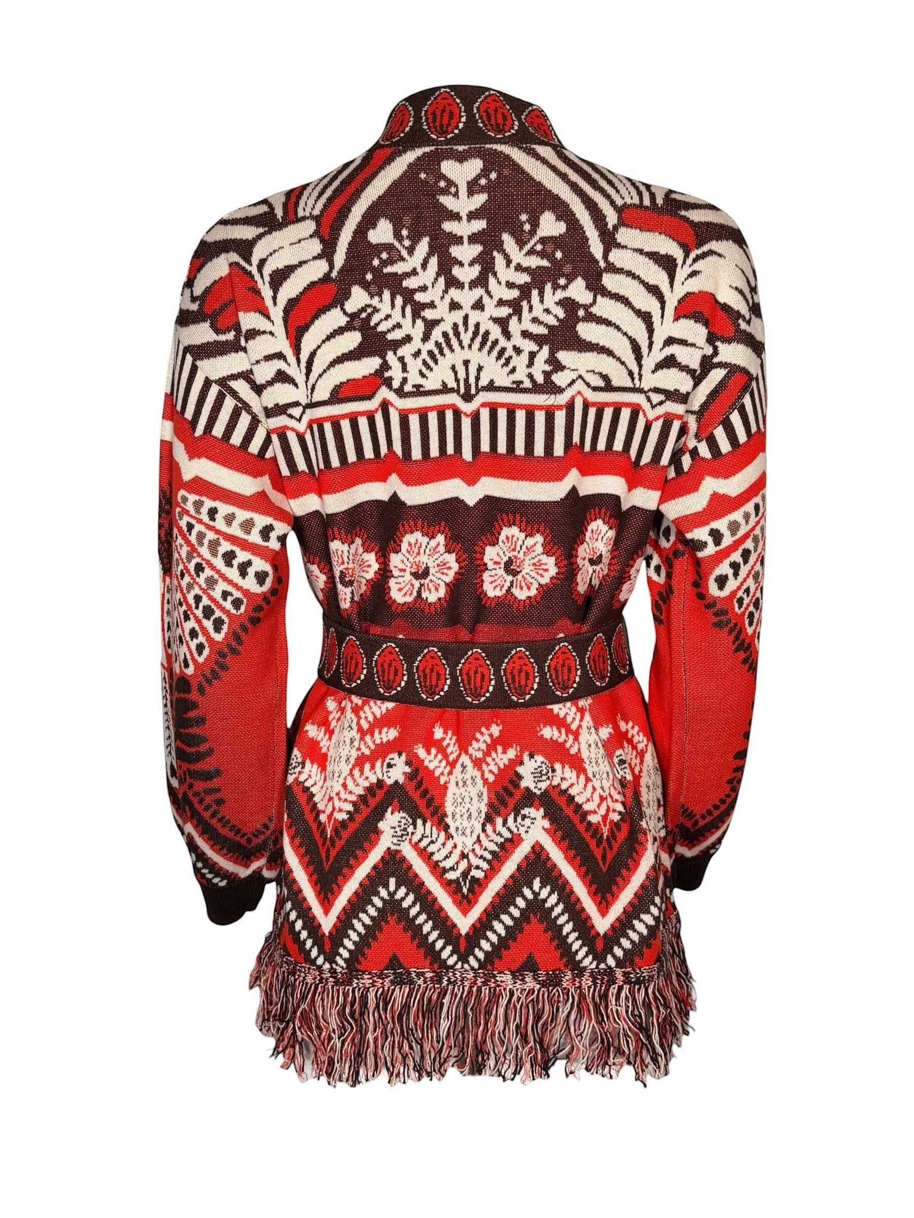 Button Down SF orange and brown geometric floral fringe wrap sweater. Cotton blend with belt and fringe hem.