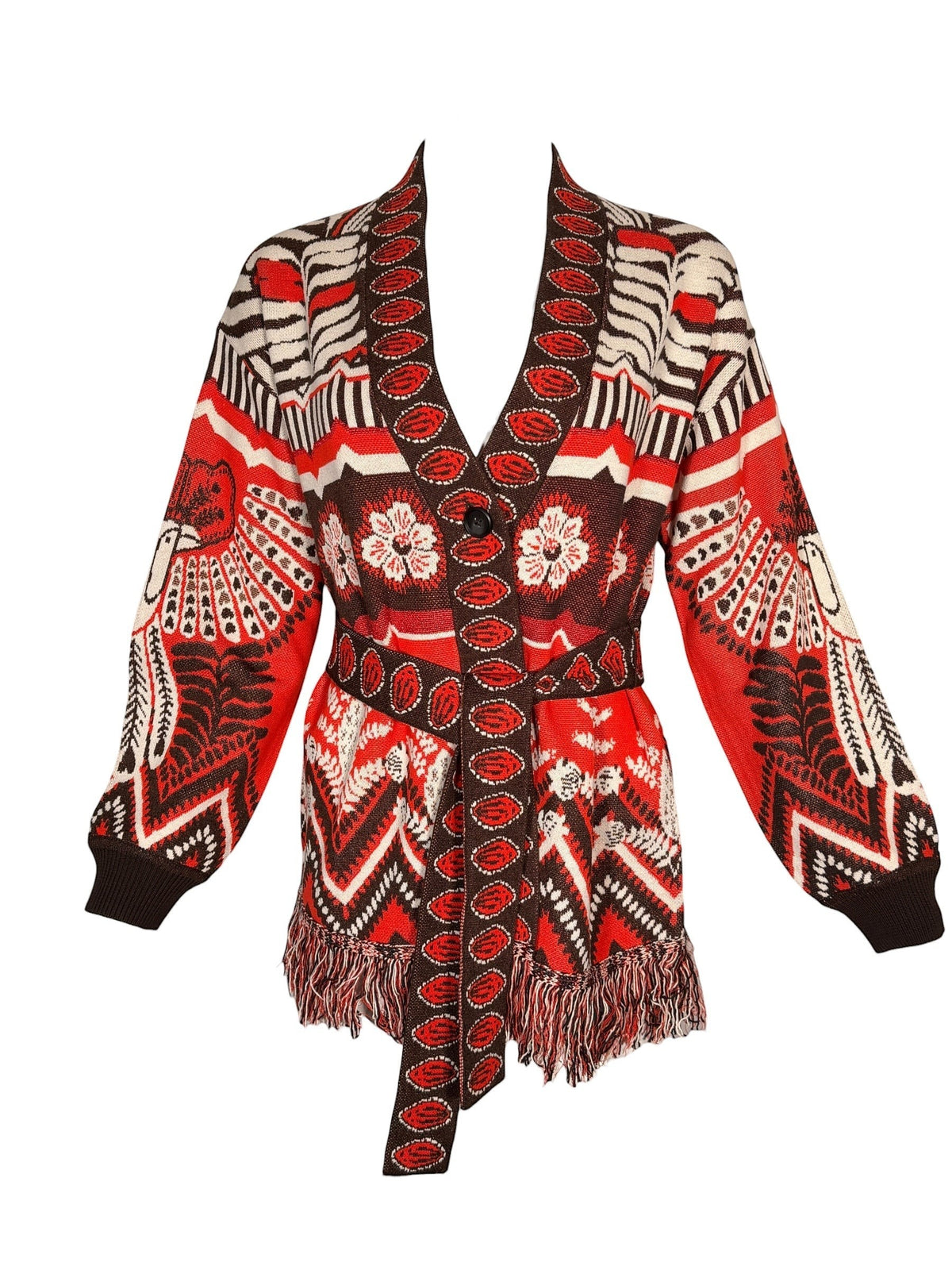 Button Down SF orange and brown geometric floral fringe wrap sweater with belt. Cotton blend.