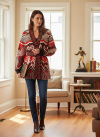 Button Down SF orange and brown geometric floral fringe wrap sweater with a belt and black cuffs.