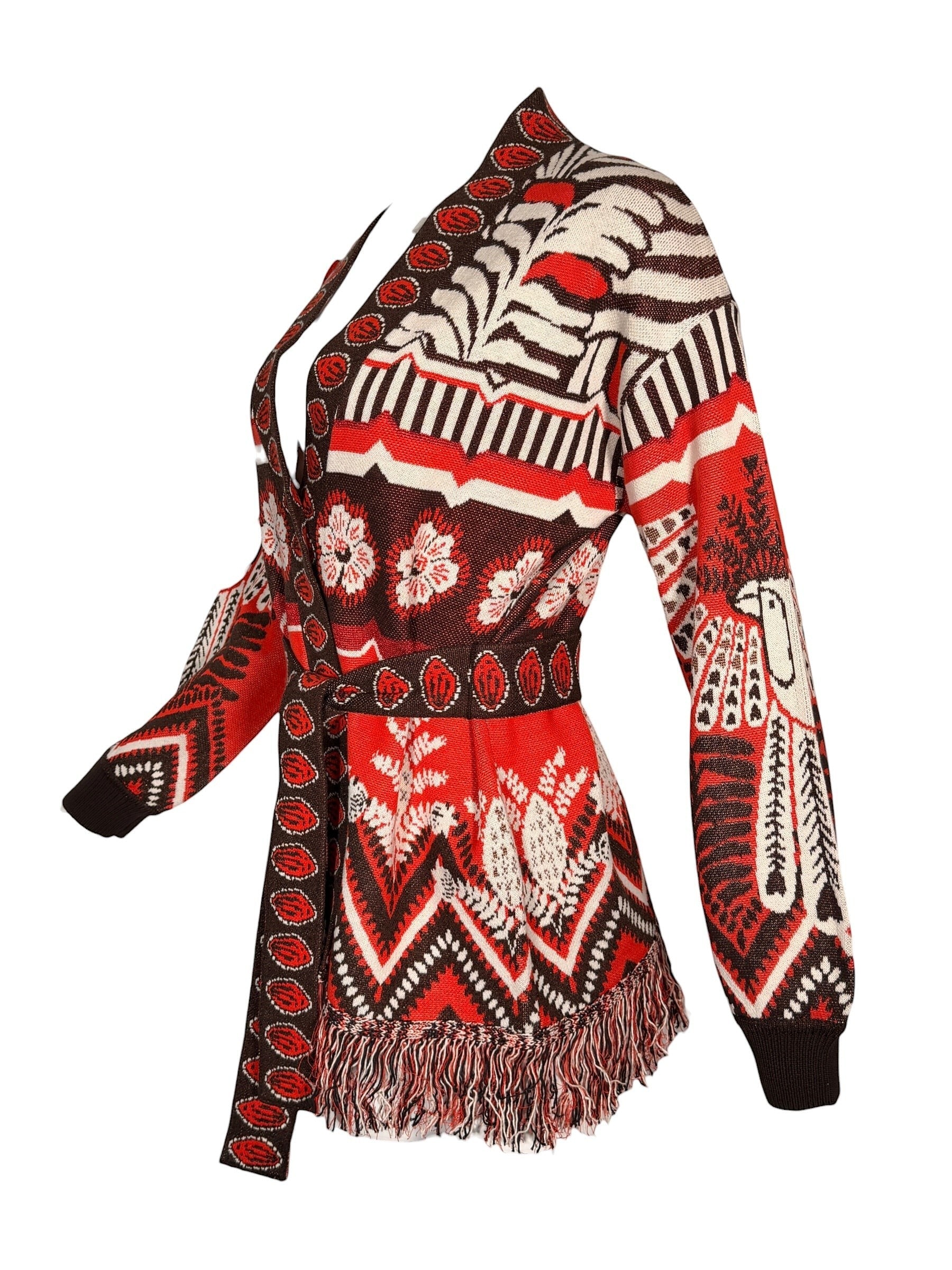 Button Down SF orange and brown geometric floral fringe wrap sweater with belt. Cotton blend.