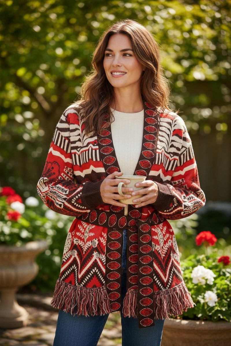 Button Down SF orange and brown geometric floral fringe wrap sweater with belt. Model wears cream top and blue jeans.