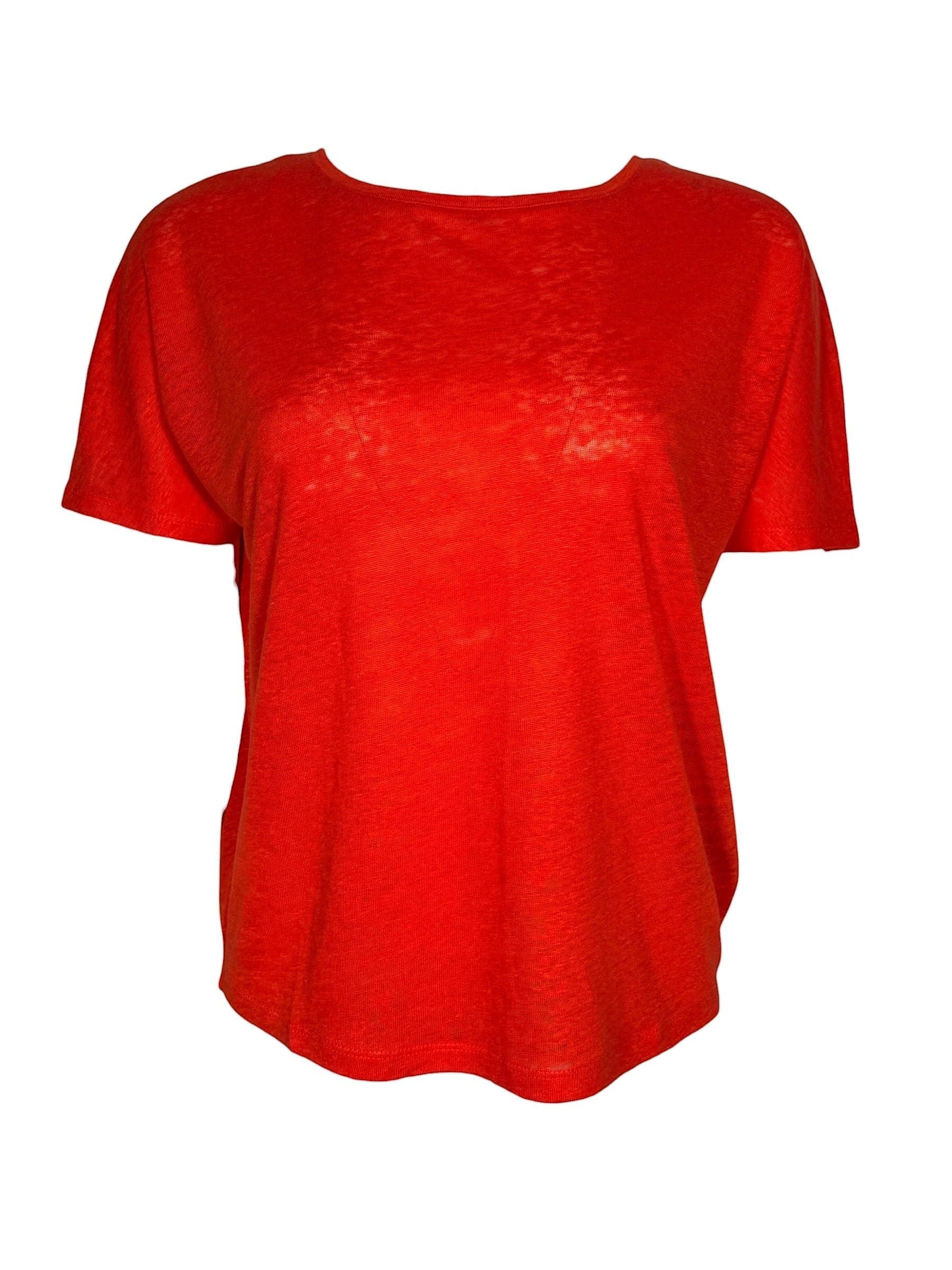 Button Down SF orange 100% linen short sleeve tee with a relaxed fit and crew neck. Lightweight and breathable.