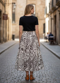 Button Down SF OUI floral print midi skirt in white and brown, 100% cotton, A-line silhouette.