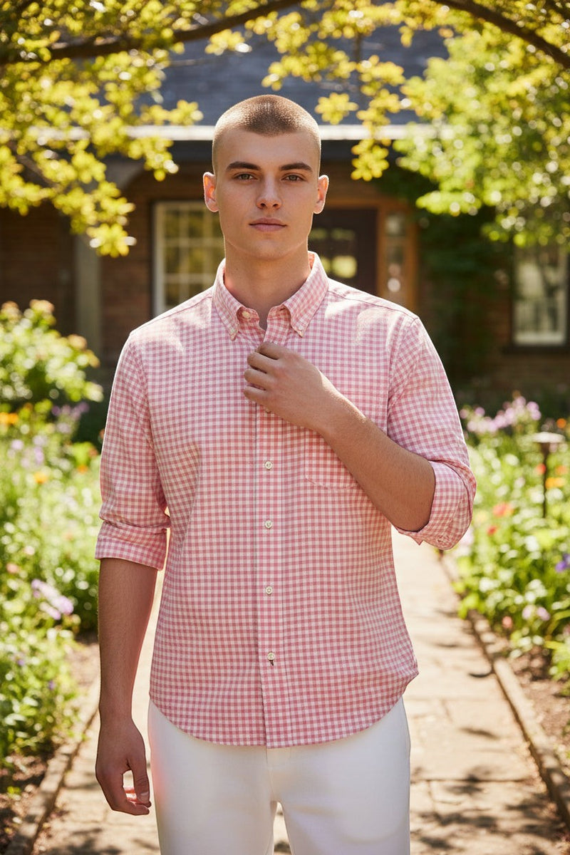 Button Down SF pink gingham cotton blend long sleeve shirt with button-down collar and spade pockets.