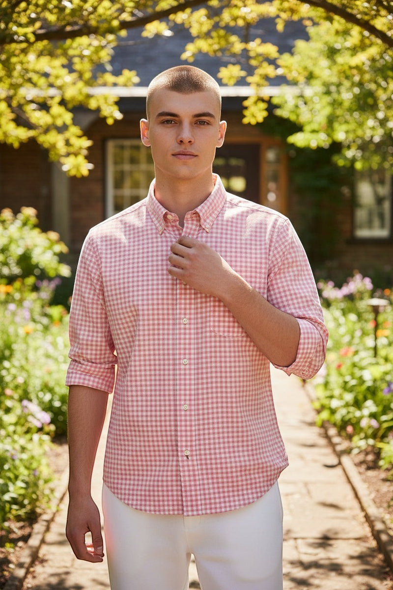 Button Down SF pink gingham cotton blend long sleeve shirt with button-down collar and spade pockets.