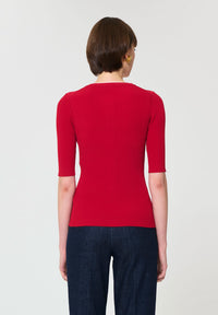 Button Down SF red ribbed knit short-sleeve cardigan with button front and white trim. Viscose blend.