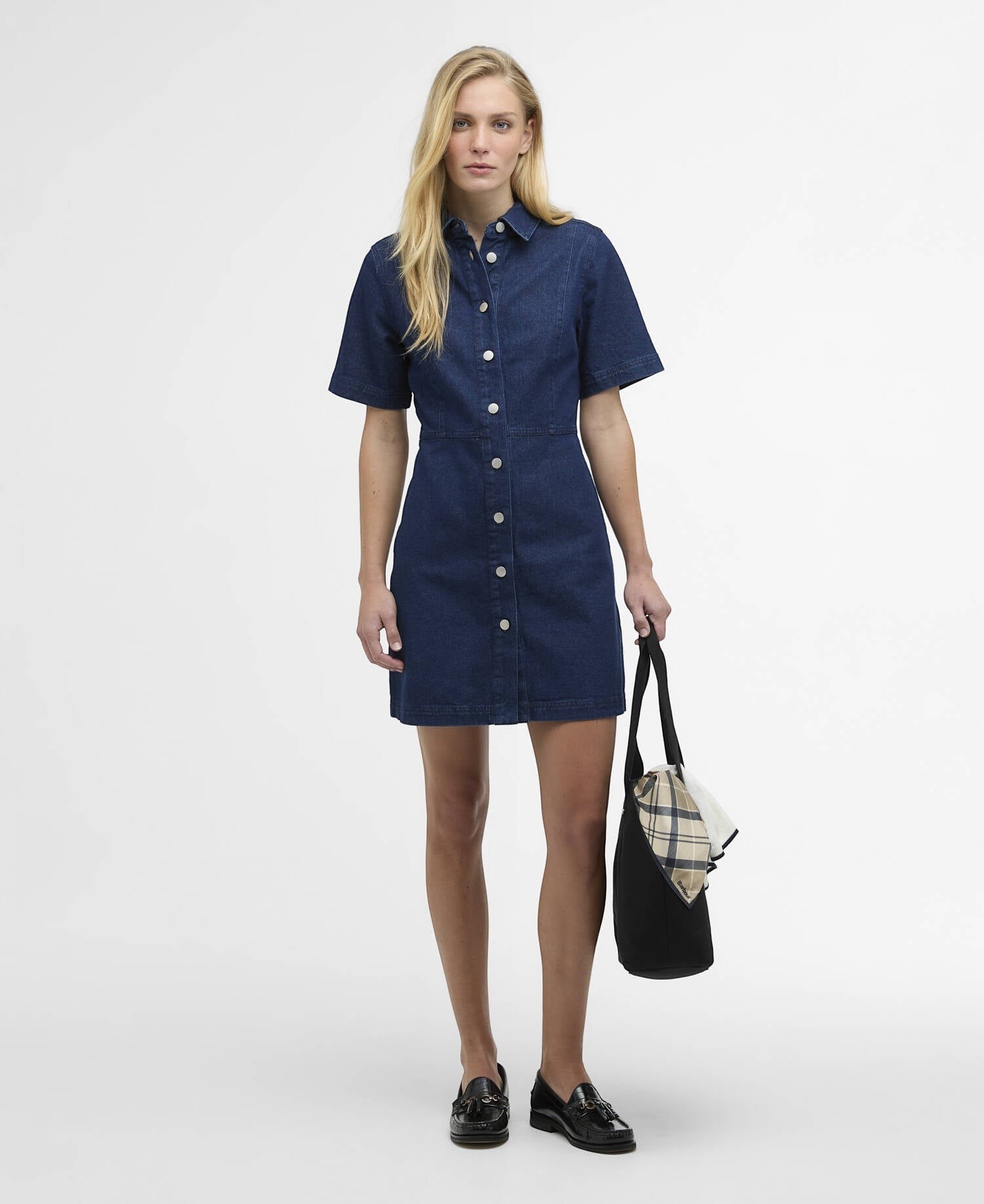 Button Down SF rinse wash denim mini dress with short sleeves and button-through front, worn by a model.