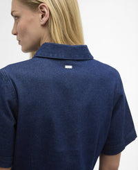 Button Down SF rinse wash denim mini dress with short sleeves and a Barbour logo detail on the back collar.