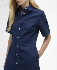Button Down SF rinse wash blue denim mini shirt dress with short sleeves and silver buttons.