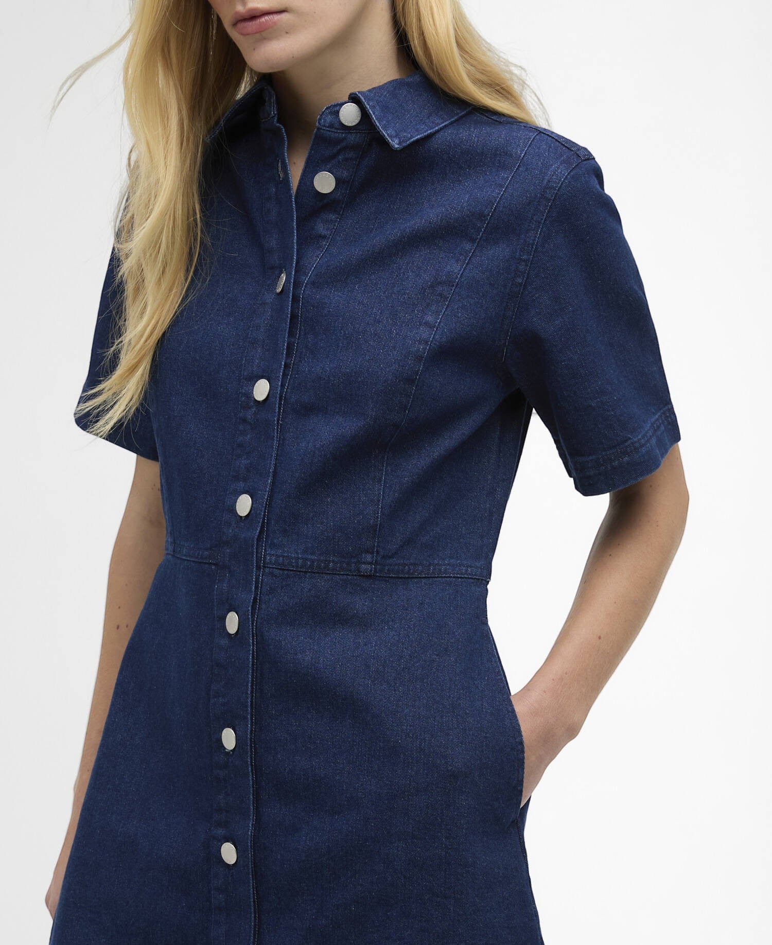 Button Down SF rinse wash blue denim mini shirt dress with short sleeves and silver buttons.