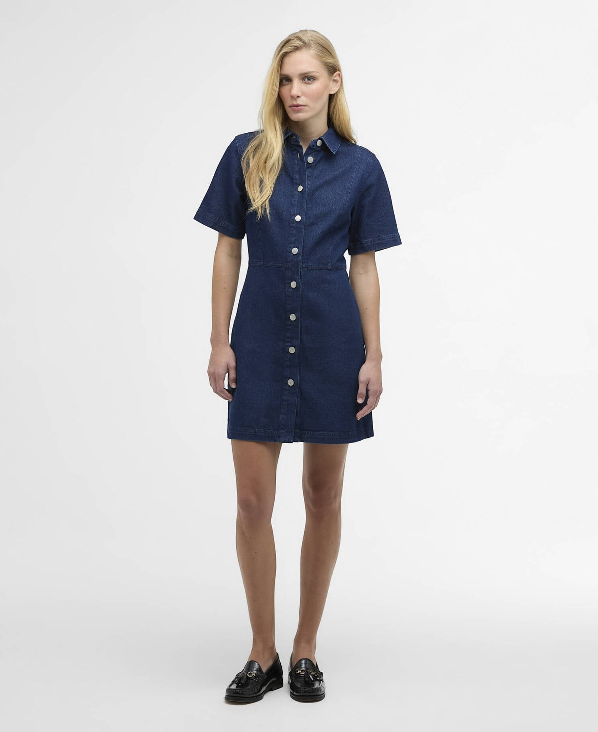 Button Down SF rinse wash blue denim mini shirt dress with short sleeves and silver buttons.