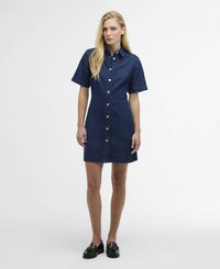 Button Down SF rinse wash blue denim mini shirt dress with short sleeves and silver buttons.