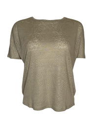 Button Down SF OUI Short Sleeve Linen Tee in seagrass. Relaxed fit, crew neck, 100% linen with a subtle shimmer.