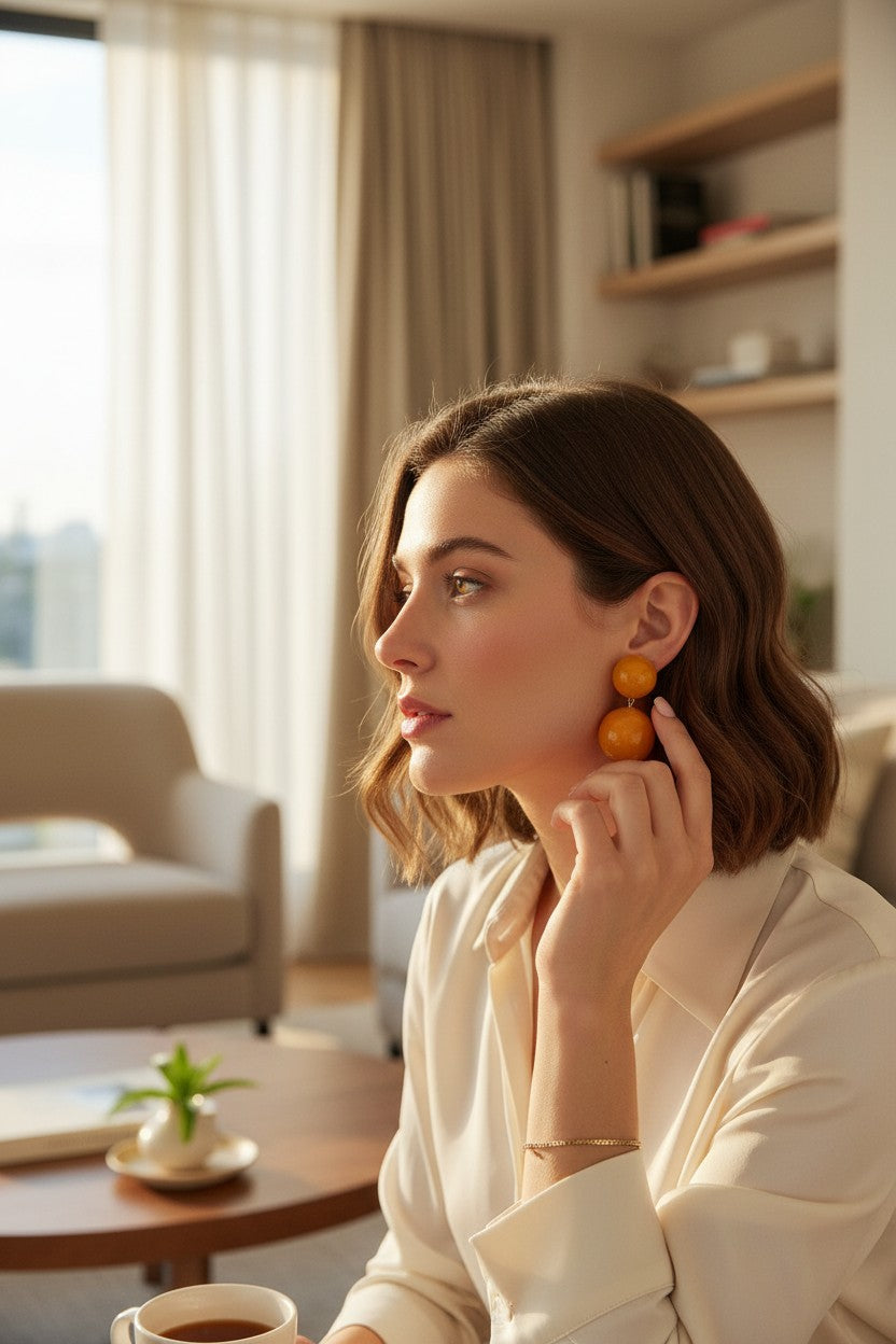 Button Down SF small yellow resin clip-on earrings with gold-plated brass. Made in Paris.