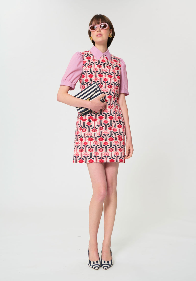 Button Down SF Tara Jarmon pink, red, navy floral mini dress with blush puff sleeves, collared neckline, and cotton-elastane blend.