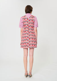 Button Down SF Tara Jarmon pink, red, navy floral mini dress with blush puff sleeves. 98% Cotton 2% Elastane.