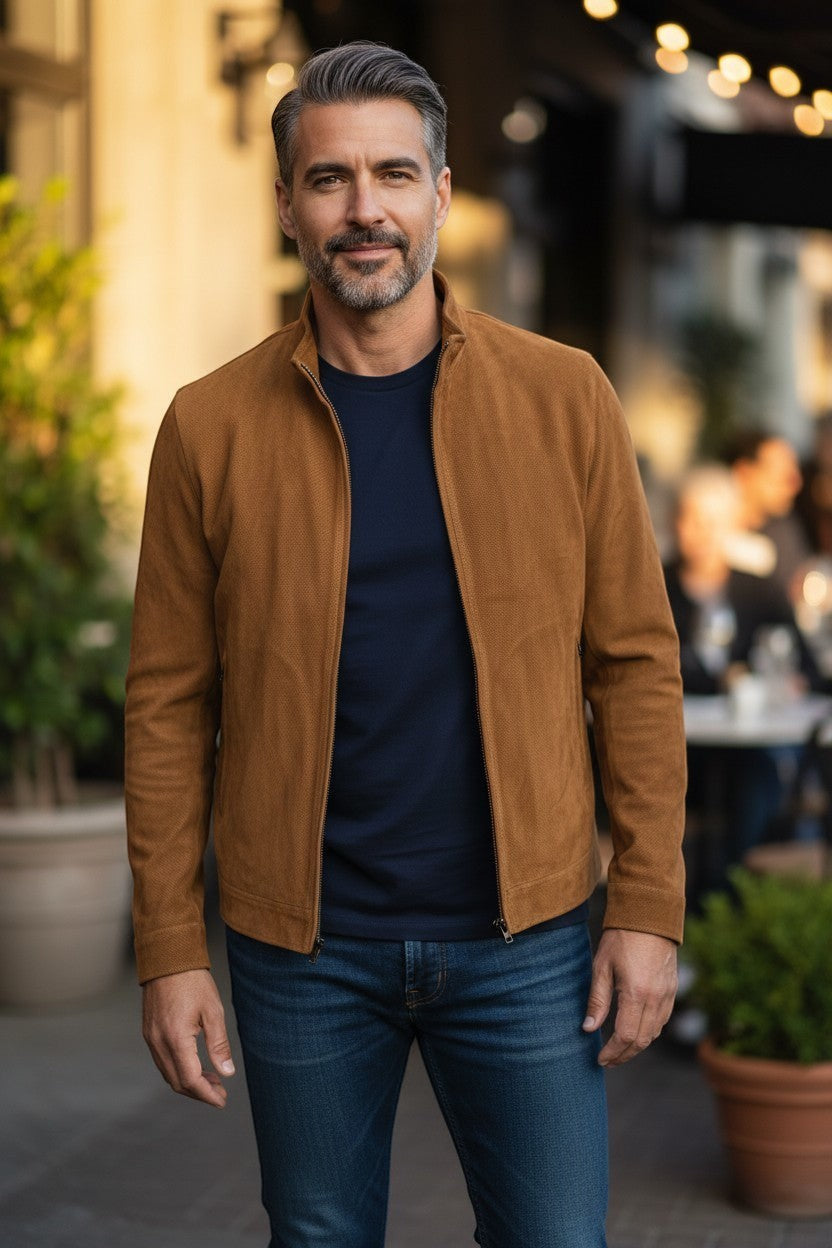 Button Down SF tobacco brown perforated suede driver jacket on a man wearing a navy t-shirt and jeans.