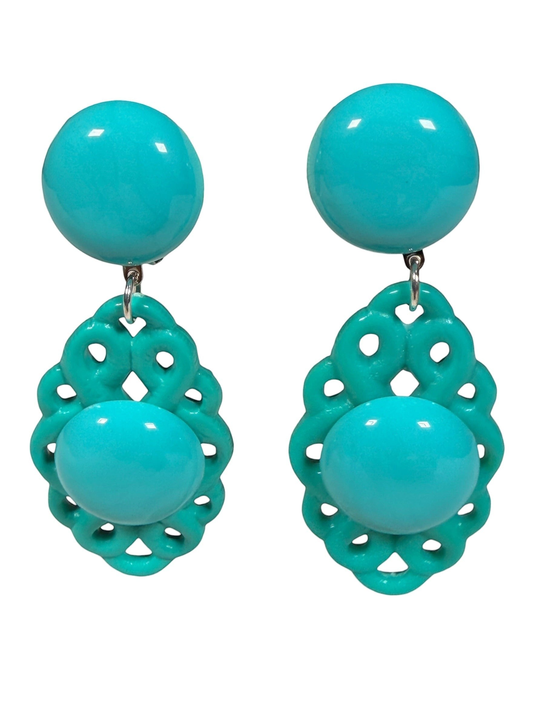Button Down SF turquoise resin drop earrings with gold-tone brass frame and cabochon detail. Made in Paris.