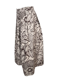 Button Down SF white and brown floral print midi skirt, 100% cotton, with a flattering silhouette and botanical design.