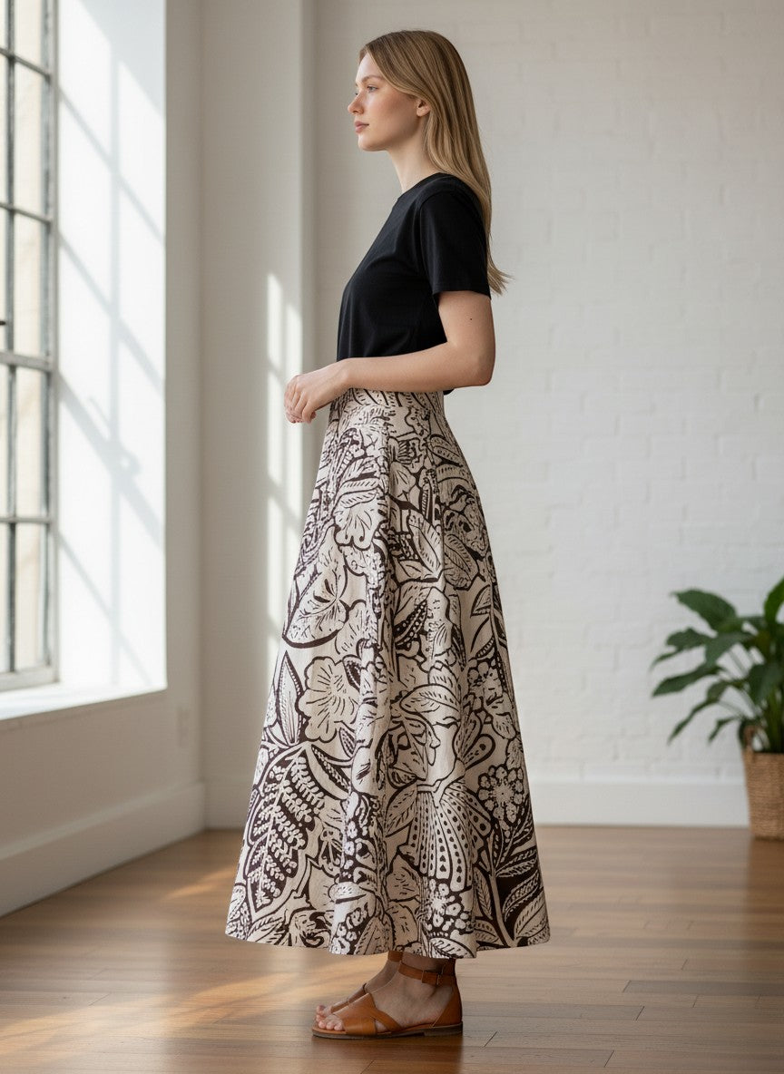 Button Down SF white and brown floral print 100% cotton midi skirt on a model.