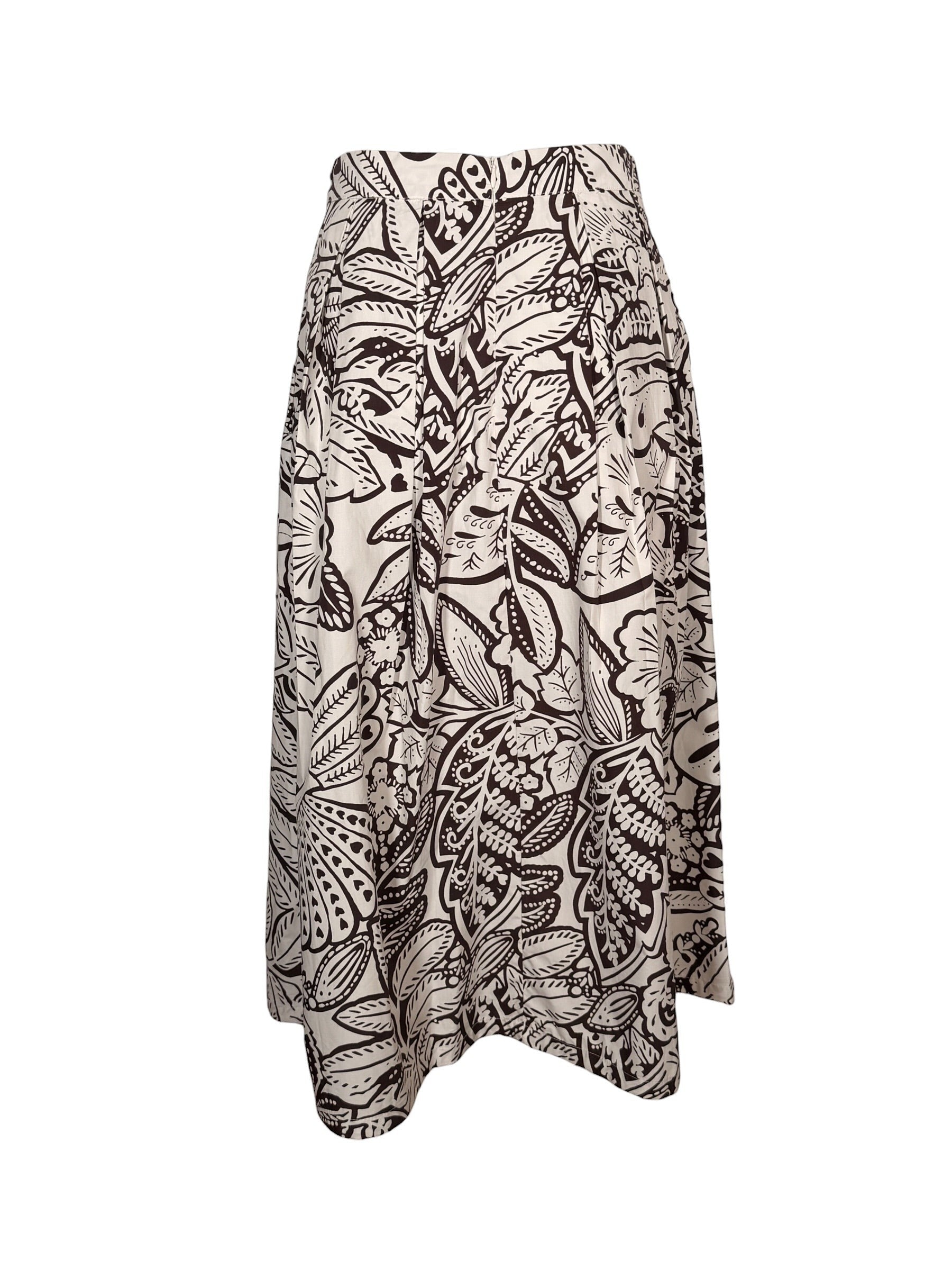 Button Down SF white and brown floral print 100% cotton midi skirt with a flattering silhouette.