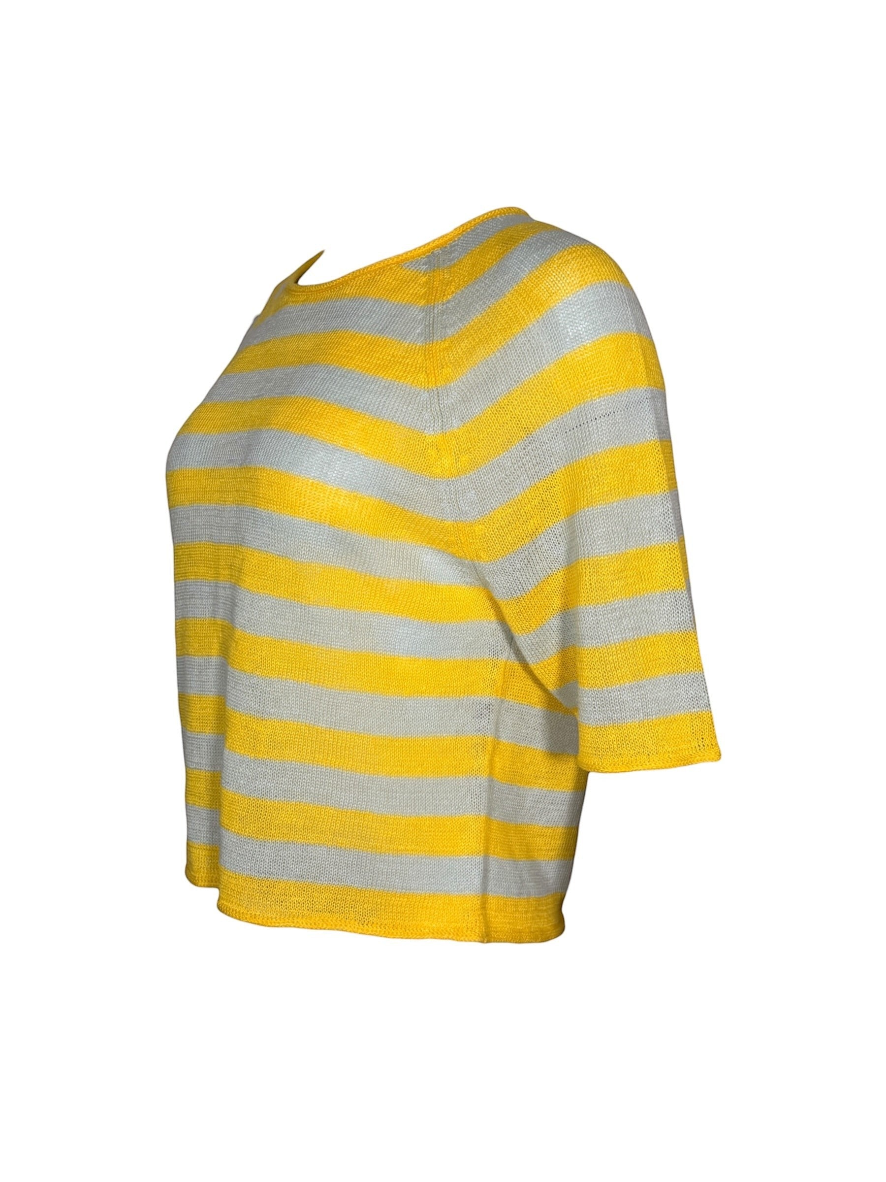 Button Down SF yellow and grey striped linen blend round neck sweater with short sleeves.