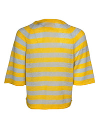 Button Down SF yellow and grey striped 100% linen round neck sweater with 3/4 sleeves.