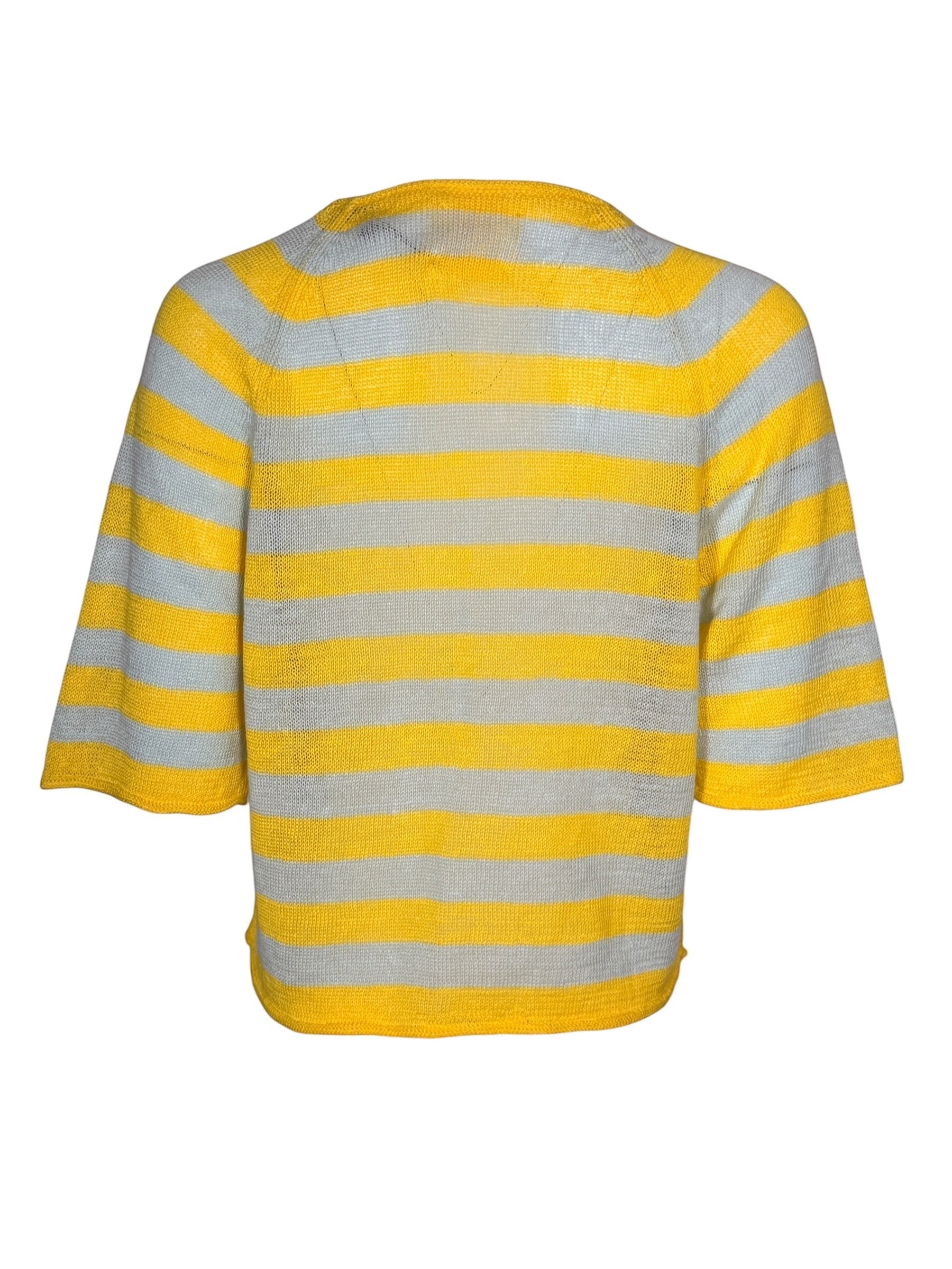 Button Down SF yellow and grey striped 100% linen round neck sweater with 3/4 sleeves.