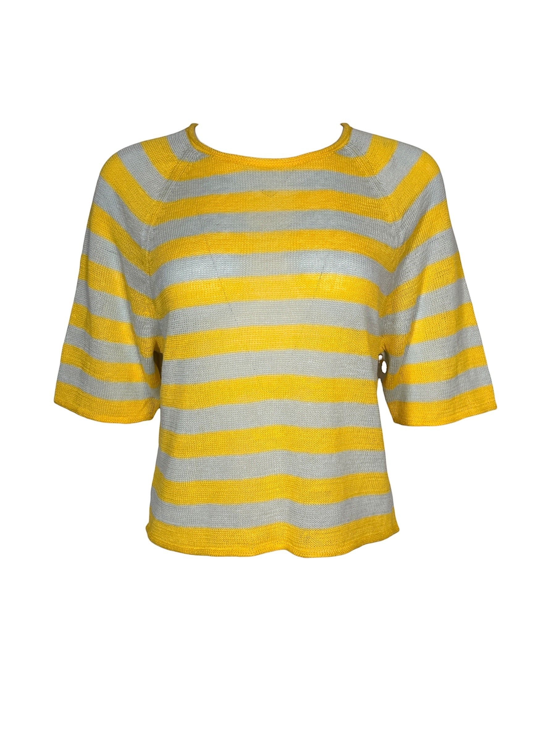 Button Down SF yellow and grey striped linen blend round neck sweater with 3/4 sleeves.