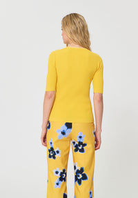 Button Down SF yellow ribbed viscose-blend cardigan with short sleeves and contrast trim.