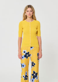 Button Down SF yellow ribbed viscose-blend cardigan with contrast trim and short sleeves.