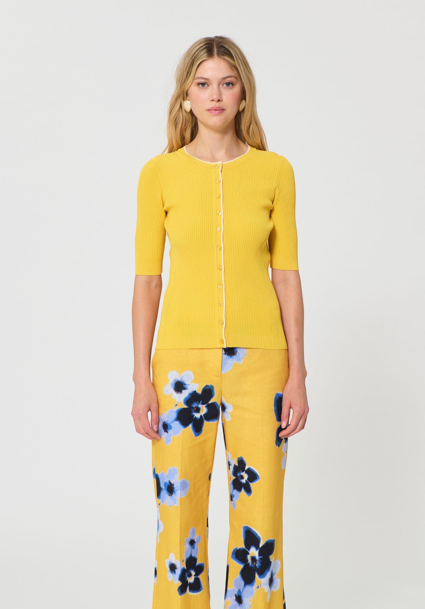 Button Down SF yellow ribbed viscose-blend cardigan with contrast trim and short sleeves.