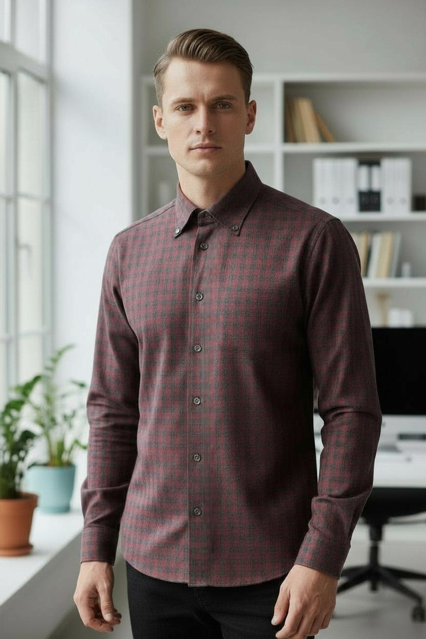 EMANUEL BERG CHECKED TWILL MELANGE PREMIUM LUXURY MEN'S SHIRT - DARK RED