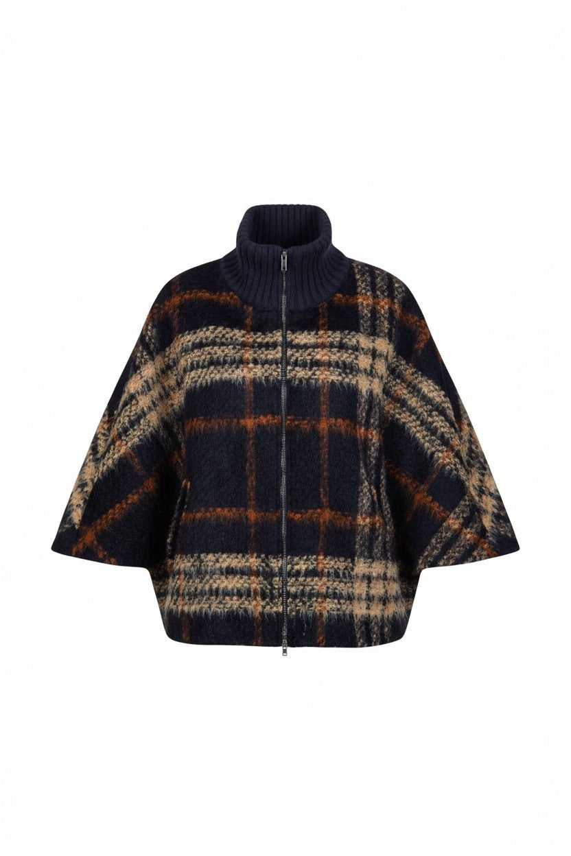 PUROTATTO PLAID CAPE - NAVY & TAN