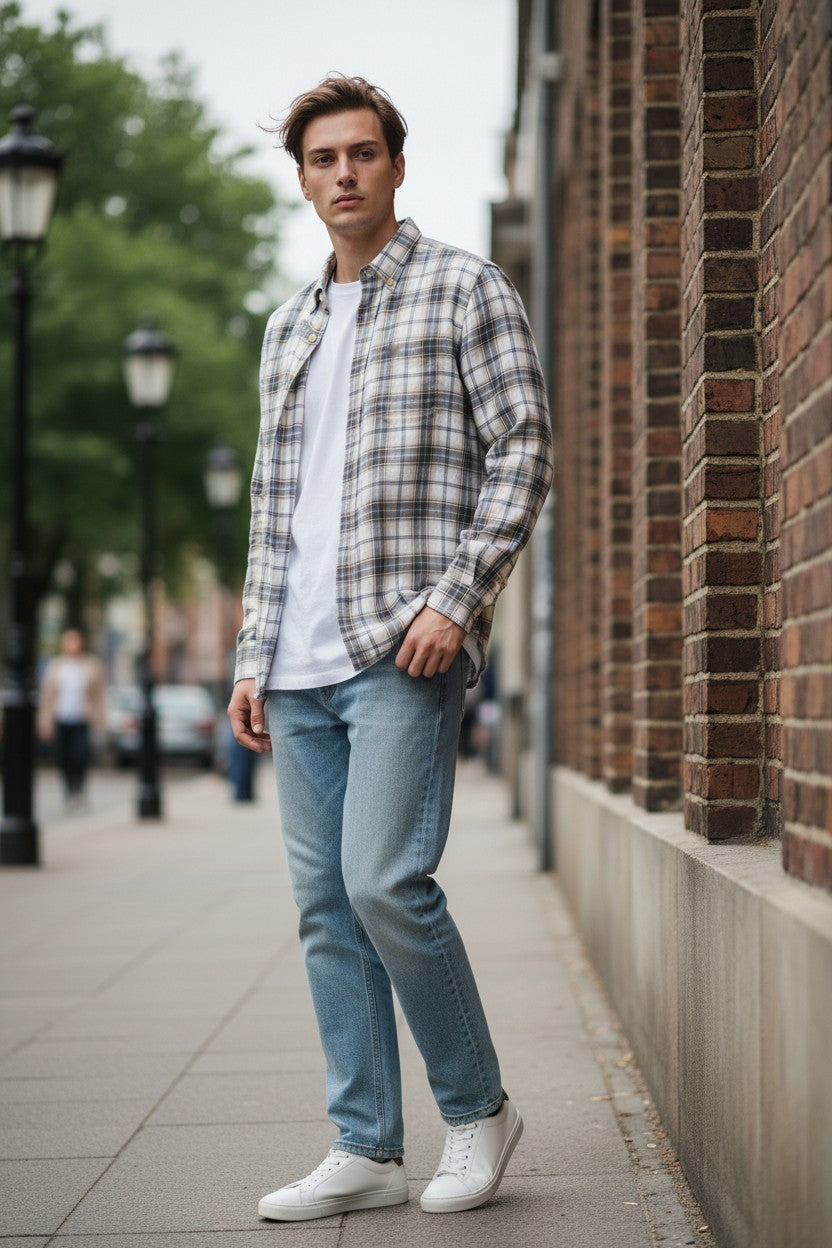 GMF 965 MEN'S LINEN BLEND SPORT SHIRT - SAGE/TAN PLAID