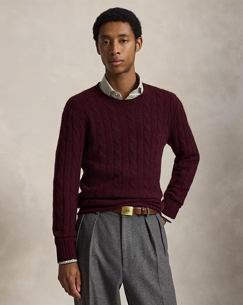 POLO RALPH LAUREN - LONG-SLEEVE CASHMERE CABLE-KNIT CREWNECK SWEATER - MERLOT WINE HEATHER