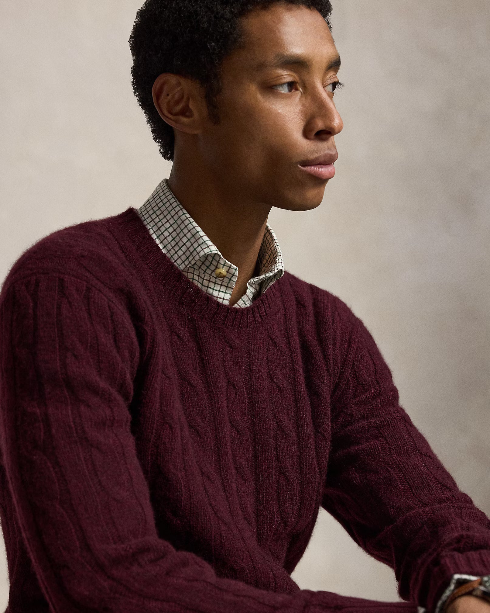 POLO RALPH LAUREN - LONG-SLEEVE CASHMERE CABLE-KNIT CREWNECK SWEATER - MERLOT WINE HEATHER