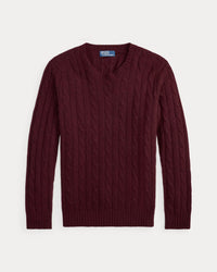 POLO RALPH LAUREN - LONG-SLEEVE CASHMERE CABLE-KNIT CREWNECK SWEATER - MERLOT WINE HEATHER